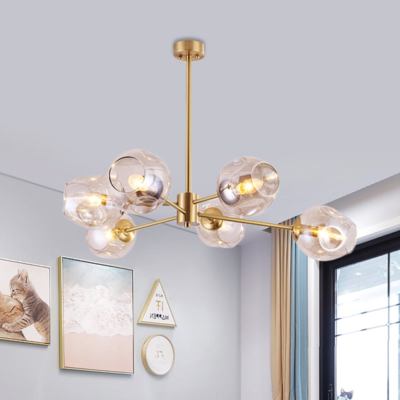 Modern Gold Branched Chandelier - 6 Heads Dimpled Cup Glass Suspension Light