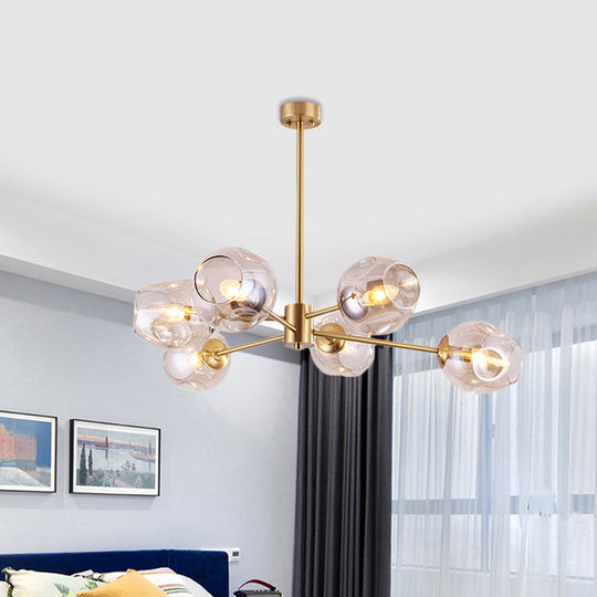 Modern Gold Branched Chandelier - 6 Heads Dimpled Cup Glass Suspension Light