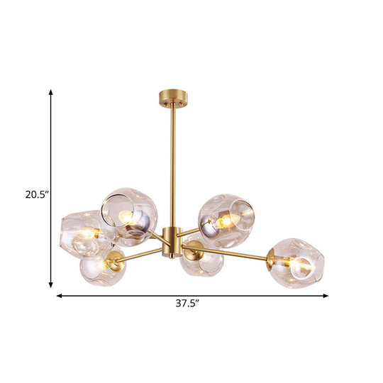 Modern Gold Branched Chandelier - 6 Heads Dimpled Cup Glass Suspension Light