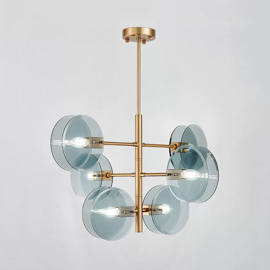 Blue Glass Mid Century 6-Bulb Brass Chandelier - Dual Flake Tiered Ceiling Pendant Light