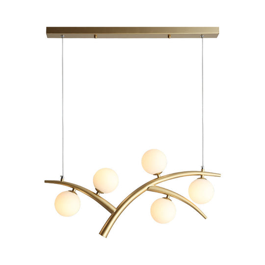 Contemporary Gold Orb Pendant Light Fixture - Branch Iron Chandelier With 5 Lights And White Glass