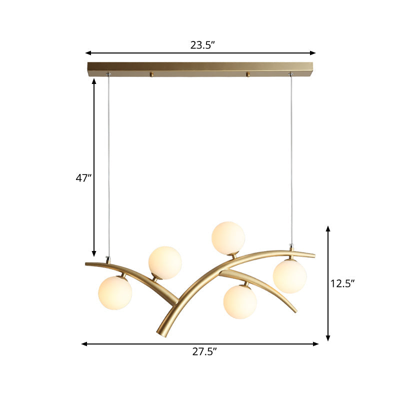 Contemporary Gold Orb Pendant Light Fixture - Branch Iron Chandelier With 5 Lights And White Glass