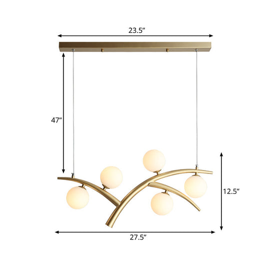 Contemporary Gold Orb Pendant Light Fixture - Branch Iron Chandelier With 5 Lights And White Glass