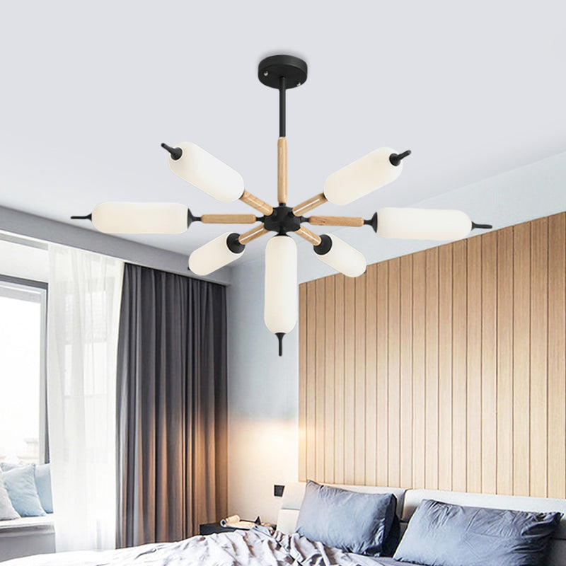 Nordic 7-Light Wooden Chandelier with Black Suspension and Matte Glass Shade