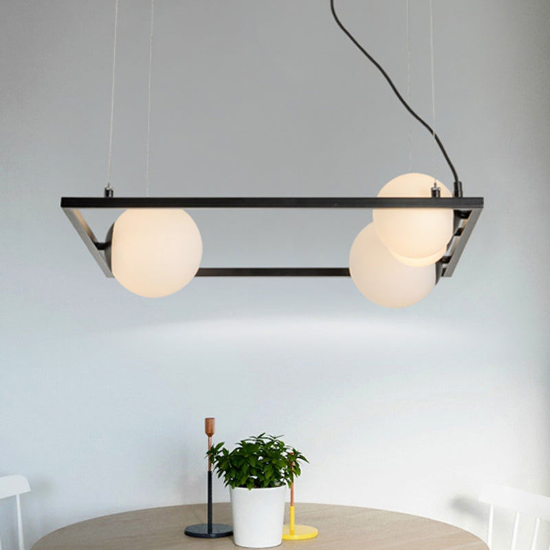 Modernist Bubble Kitchen Chandelier: Ivory Glass 4 Bulb Hanging Pendant With Black/White Square