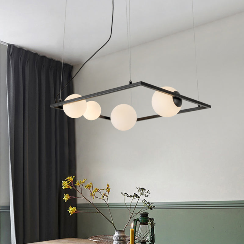 Modernist Bubble Kitchen Chandelier: Ivory Glass 4 Bulb Hanging Pendant With Black/White Square