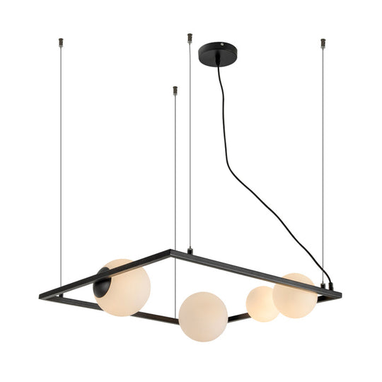 Modernist Bubble Kitchen Chandelier: Ivory Glass 4 Bulb Hanging Pendant With Black/White Square