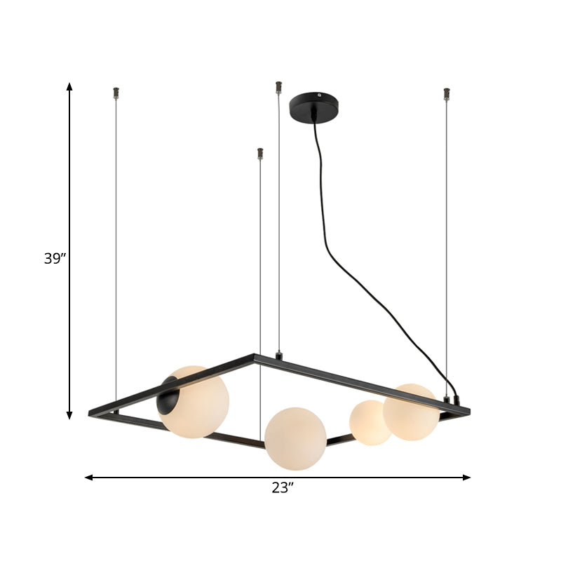 Modernist Bubble Kitchen Chandelier: Ivory Glass 4 Bulb Hanging Pendant With Black/White Square