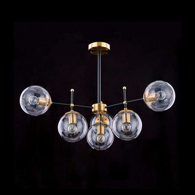 Vintage Smoke Glass 6-Light Globe Chandelier - Black-Brass Ceiling Mount for Living Room