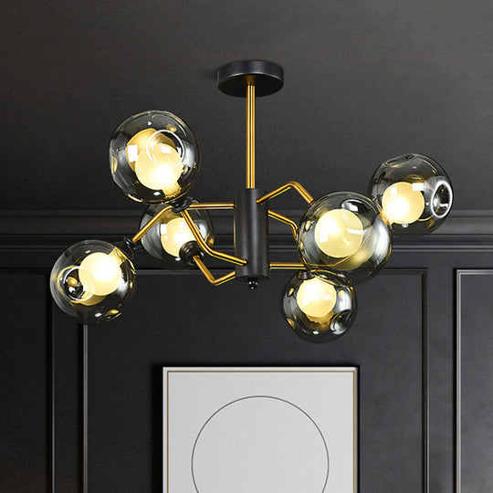 Modern Semi Flush Ceiling Light with 6 Brass Heads and Smoke Grey Glass Shades