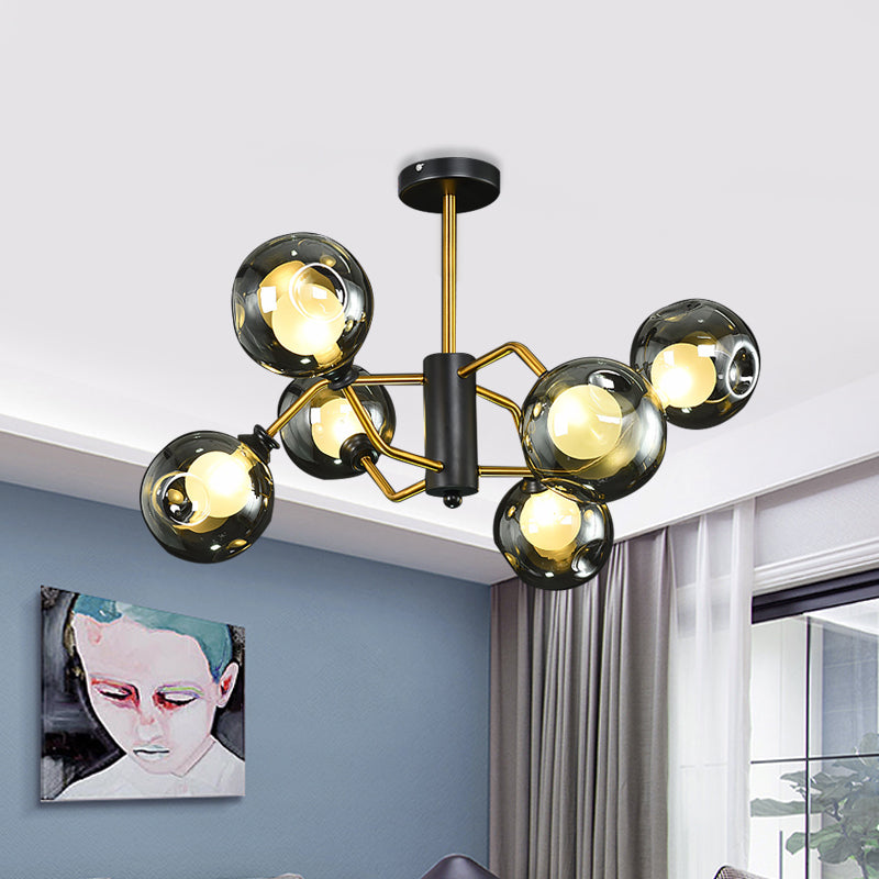 Modern Semi Flush Ceiling Light with 6 Brass Heads and Smoke Grey Glass Shades