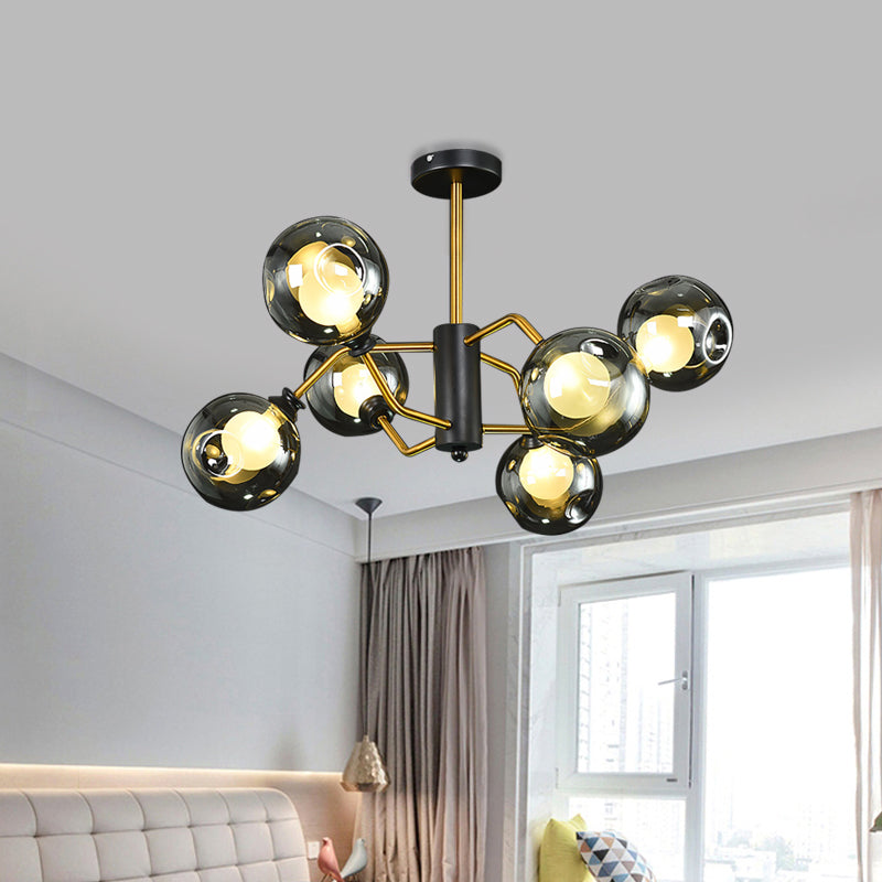 Modern Semi Flush Ceiling Light with 6 Brass Heads and Smoke Grey Glass Shades