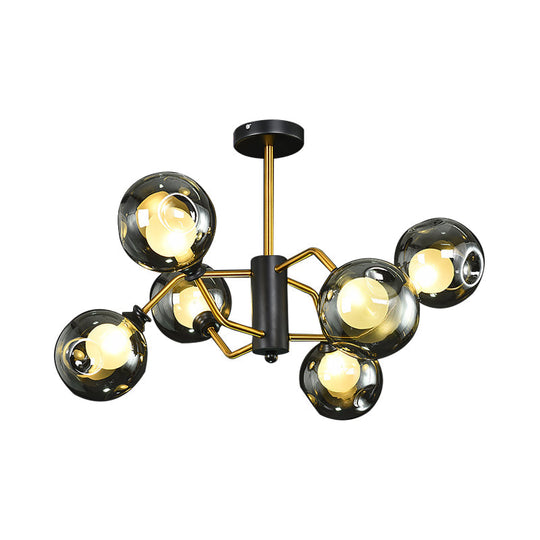 Modern Semi Flush Ceiling Light with 6 Brass Heads and Smoke Grey Glass Shades