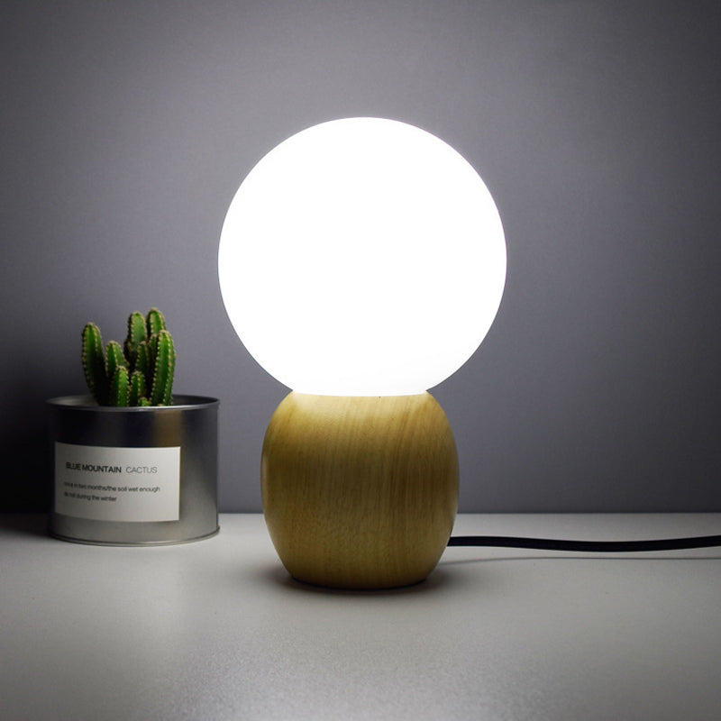 Minimalist Frosted Glass Bedside Table Lamp With Wooden Base - Orb Design