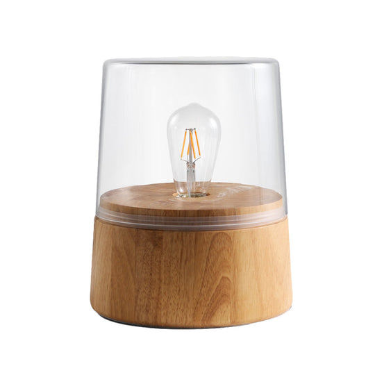 Nordic Translucent Glass Jar Table Lamp With Wood Round Pedestal - 1 Light Nightstand Lighting