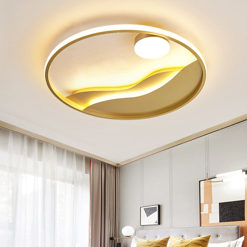 Modern Led Flush Light With Golden Sea Sunset Design - 16/19.5 Warm/White