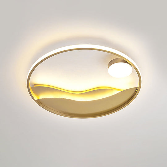 Modern Led Flush Light With Golden Sea Sunset Design - 16/19.5 Warm/White