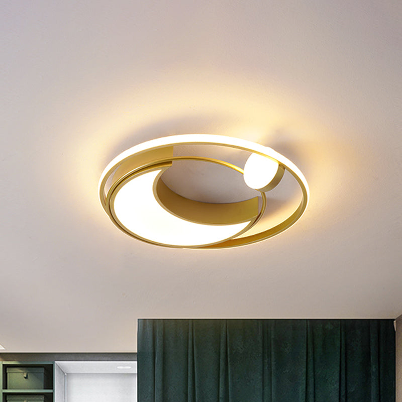 Modern Black/Gold Waxing Moon Flush Mount Light - Acrylic Led Ceiling Lighting With Orbital Side