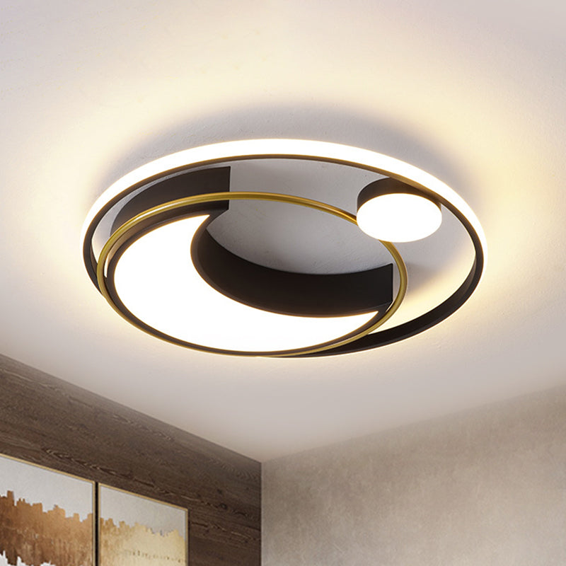 Modern Black/Gold Waxing Moon Flush Mount Light - Acrylic LED Ceiling Lighting with Orbital Side Design - 16"/19.5" Dia - Warm/White Light