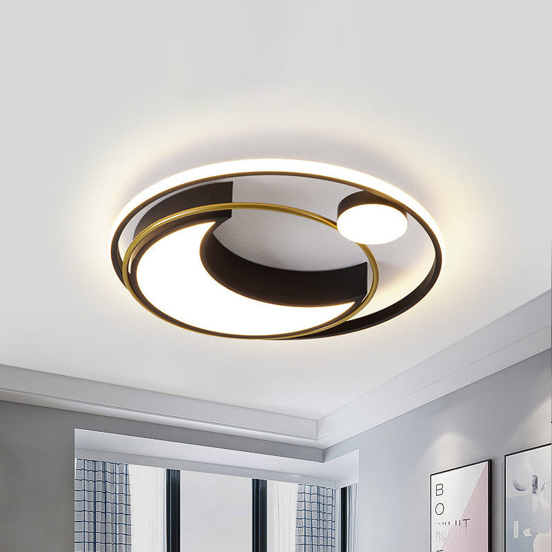 Modern Black/Gold Waxing Moon Flush Mount Light - Acrylic LED Ceiling Lighting with Orbital Side Design - 16"/19.5" Dia - Warm/White Light