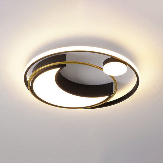 Modern Black/Gold Waxing Moon Flush Mount Light - Acrylic Led Ceiling Lighting With Orbital Side