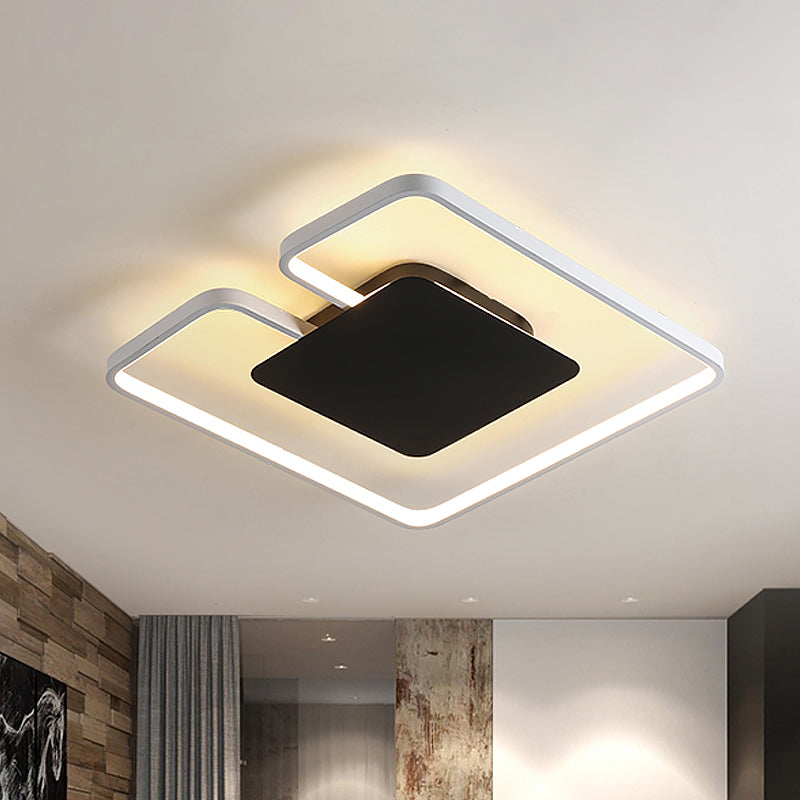 Simple Iron LED Flushmount Ceiling Fixture with Gap Design for Bedroom - Square Frame, Thin, 15"/19" W - White/Black Inner or Black/White Inner