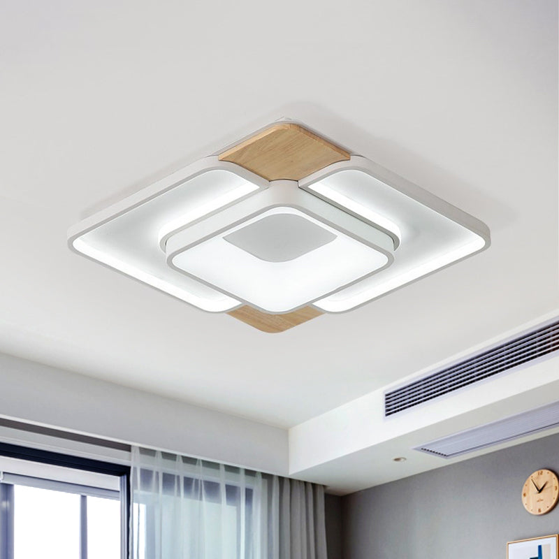 Nordic Square Flushmount Acrylic LED Ceiling Light, White-Wood Finish, 16"/19.5" Wide, Warm or White Light, Bedroom