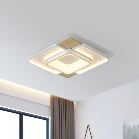 Nordic Square Flushmount Acrylic LED Ceiling Light, White-Wood Finish, 16"/19.5" Wide, Warm or White Light, Bedroom