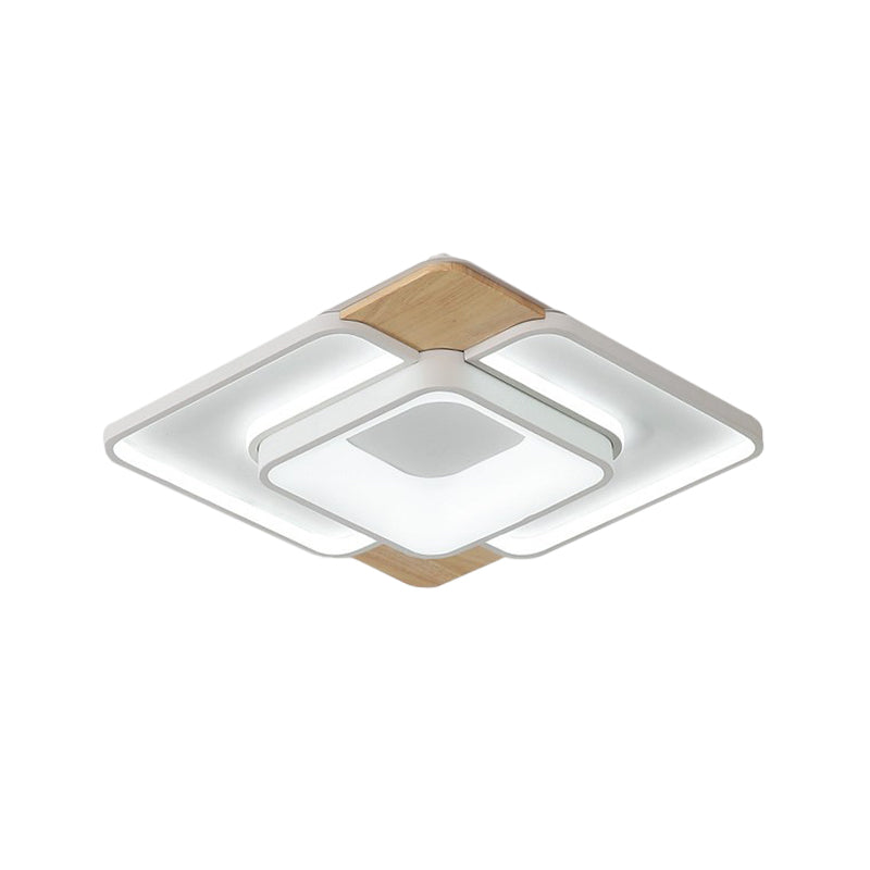 Nordic Square Flushmount Acrylic LED Ceiling Light, White-Wood Finish, 16"/19.5" Wide, Warm or White Light, Bedroom