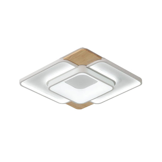 Nordic Square Flushmount Acrylic LED Ceiling Light, White-Wood Finish, 16"/19.5" Wide, Warm or White Light, Bedroom