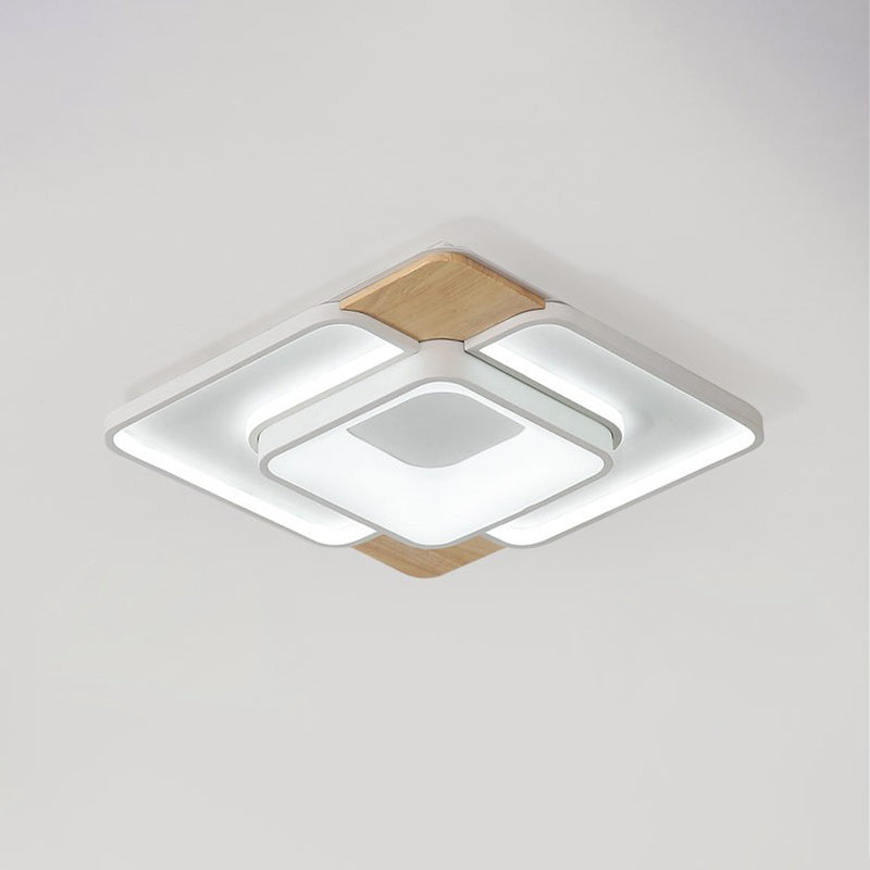 Nordic Square Flushmount Acrylic LED Ceiling Light, White-Wood Finish, 16"/19.5" Wide, Warm or White Light, Bedroom