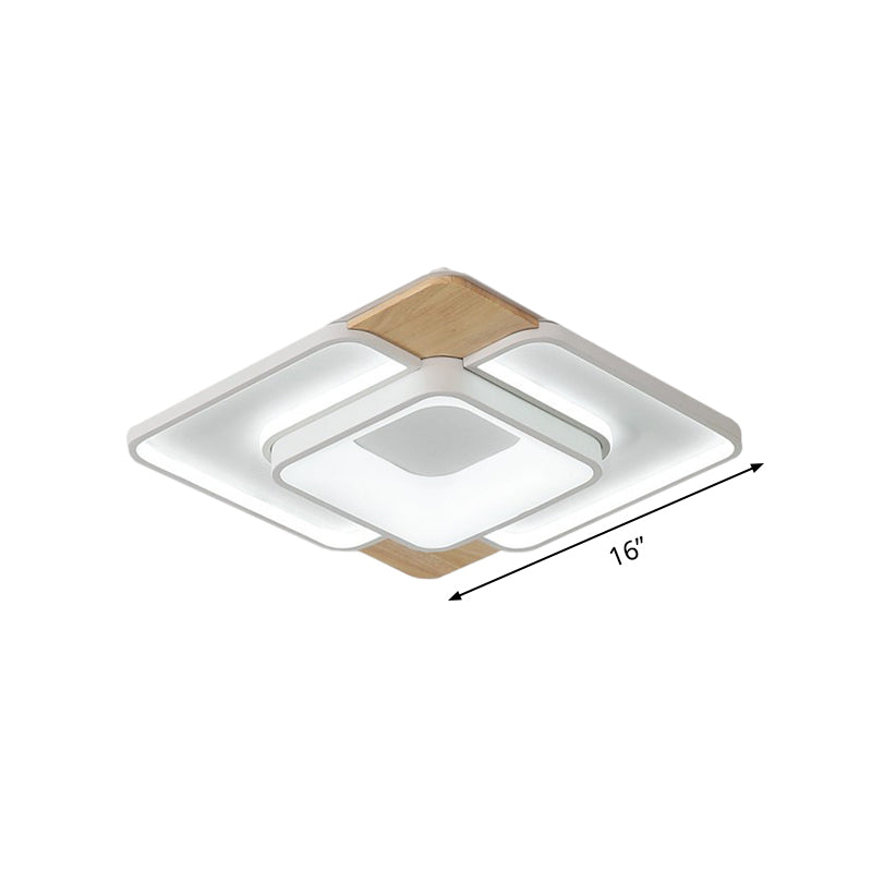 Nordic Square Flushmount Acrylic LED Ceiling Light, White-Wood Finish, 16"/19.5" Wide, Warm or White Light, Bedroom