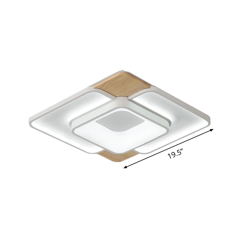 Nordic Square Flushmount Acrylic LED Ceiling Light, White-Wood Finish, 16"/19.5" Wide, Warm or White Light, Bedroom