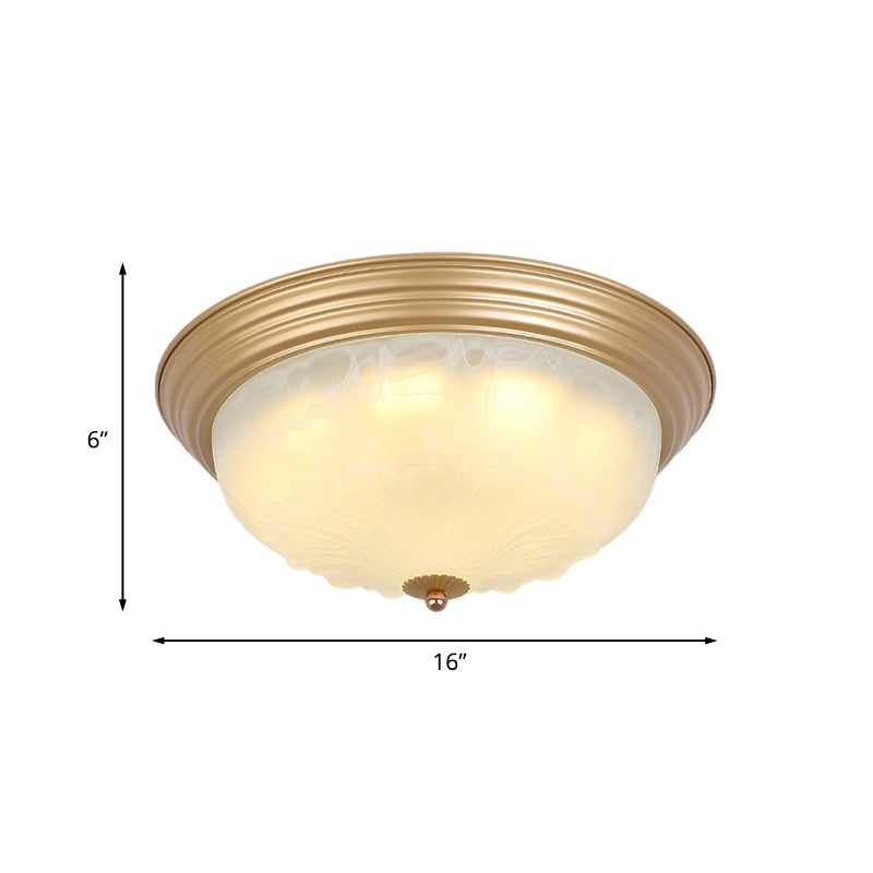 Colonial White Glass Bowl Flush Mount Ceiling Light With Gold Finish - 2/3 Heads 16/19.5 Width