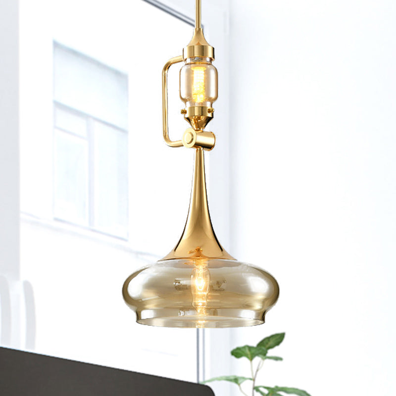 Amber Glass Trumpet Pendant Colonial 2-Light Ceiling Fixture Gold Finish - Ideal For Restaurants!