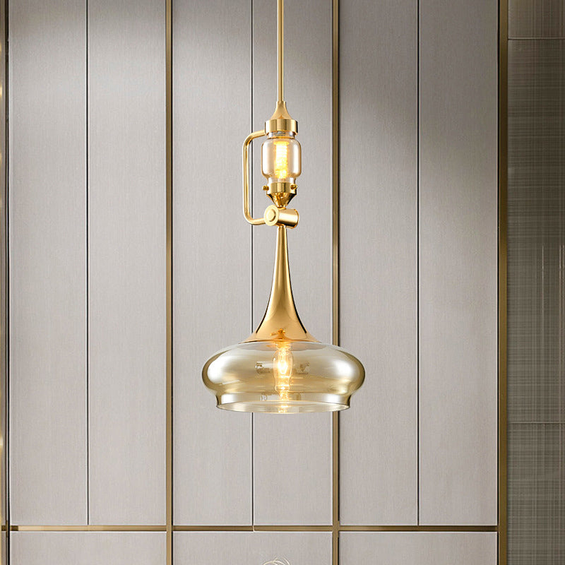 Amber Glass Trumpet Pendant Colonial 2-Light Ceiling Fixture Gold Finish - Ideal For Restaurants!