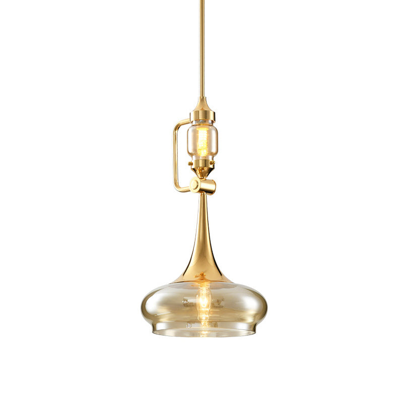 Amber Glass Trumpet Pendant Colonial 2-Light Ceiling Fixture Gold Finish - Ideal For Restaurants!