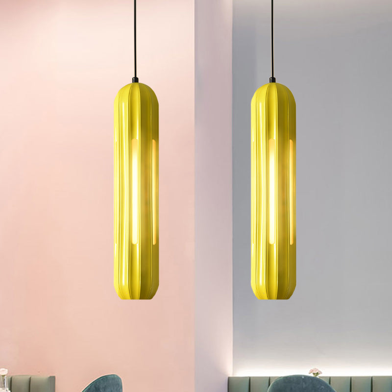 Yellow Macaron Ribbed Pendant Resin Hanging Light Fixture For Table