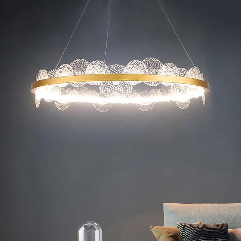 Stylish Retro Acrylic Led Chandelier With Transparent Flaked Design & Gold Hoop