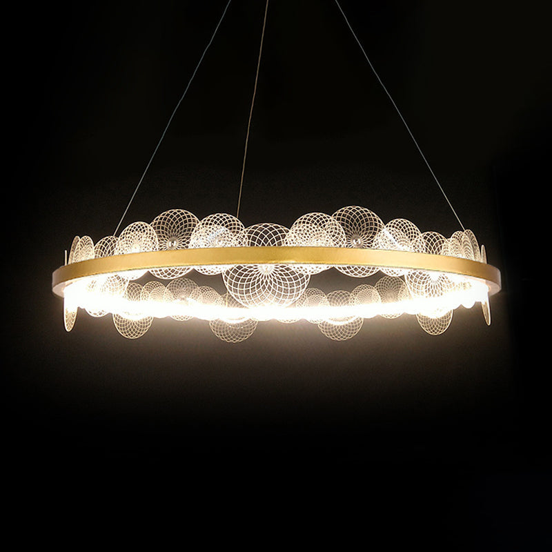 Stylish Retro Acrylic Led Chandelier With Transparent Flaked Design & Gold Hoop