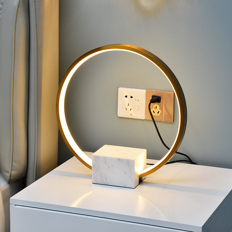 Minimalist Gold Hoop Led Table Lamp With Marble Block Pedestal