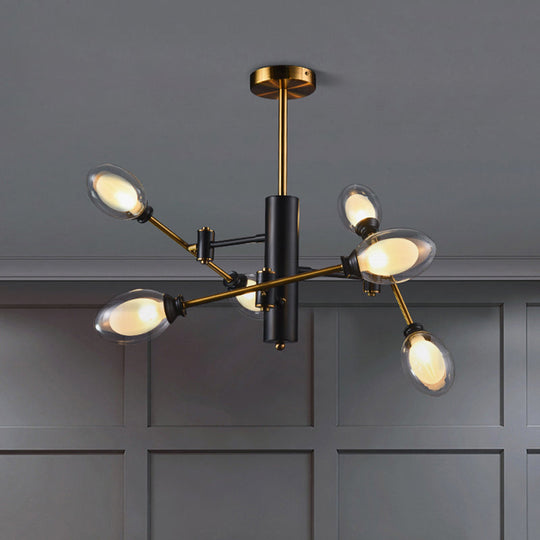 Postmodern Dual Eggshell Ceiling Light: Clear Glass Semi Flush Chandelier with 6 Bulbs & Rotating Arm Design (Black-Brass)