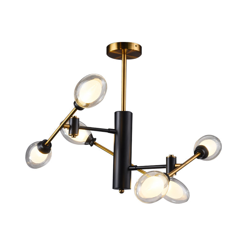 Postmodern Dual Eggshell Ceiling Light: Clear Glass Semi Flush Chandelier with 6 Bulbs & Rotating Arm Design (Black-Brass)