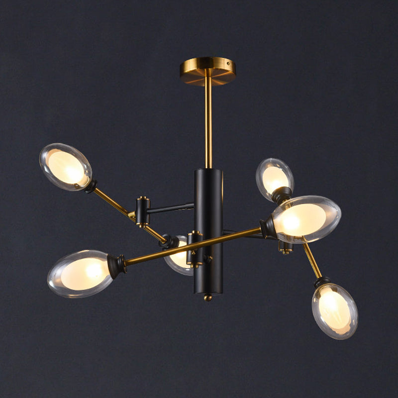 Postmodern Dual Eggshell Ceiling Light: Clear Glass Semi Flush Chandelier with 6 Bulbs & Rotating Arm Design (Black-Brass)