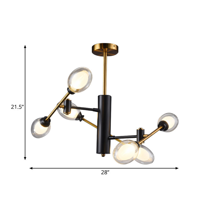 Postmodern Dual Eggshell Ceiling Light: Clear Glass Semi Flush Chandelier with 6 Bulbs & Rotating Arm Design (Black-Brass)