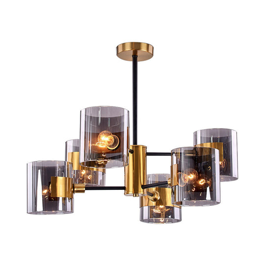 Vintage Smoke Grey Glass Ceiling Lamp with 6 Lights, Semi-Flush Mount for Dining Table - 2-Tiered in Gold