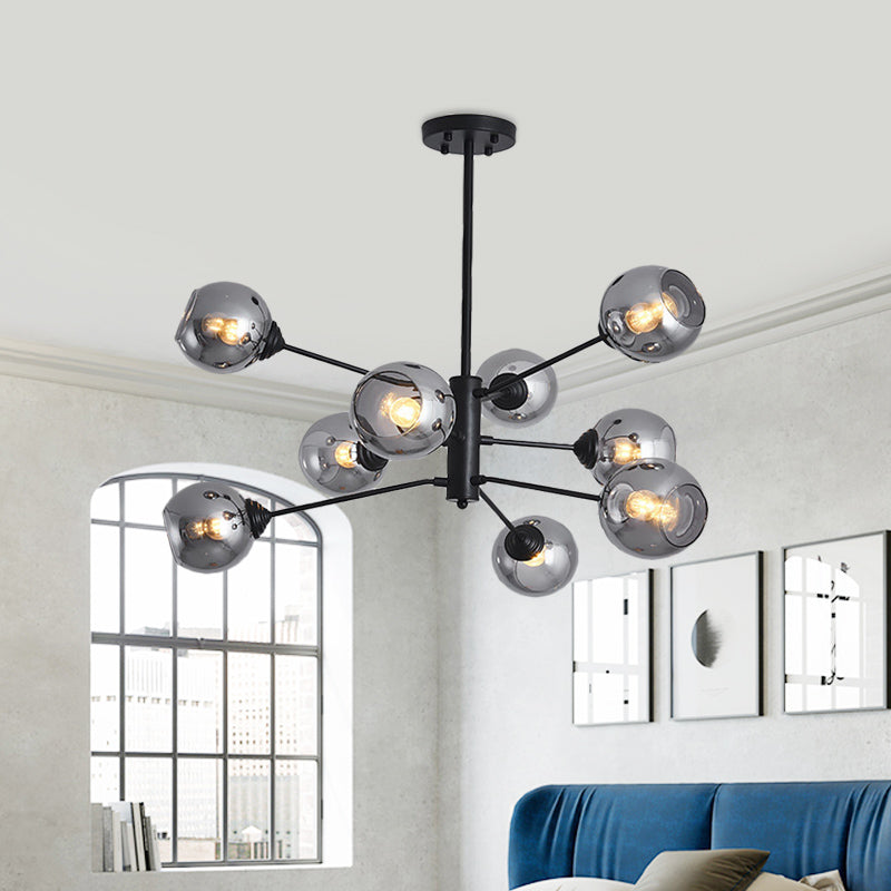 Postmodern Smoke Grey Glass Ball Chandelier Pendant Light - 9 Heads, Black Ceiling Fixture