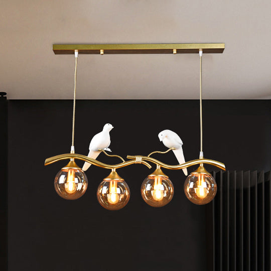 Postmodern Iron Pendant Light With 4-Lights Black/Gold Finish Amber Ball Glass Shade Bird Deco -