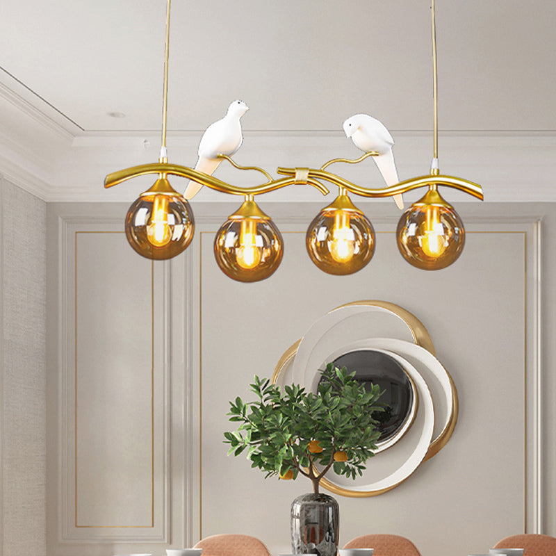 Postmodern Iron Pendant Light With 4-Lights Black/Gold Finish Amber Ball Glass Shade Bird Deco -