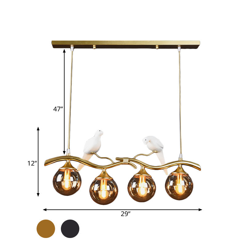 Postmodern Iron Pendant Light With 4-Lights Black/Gold Finish Amber Ball Glass Shade Bird Deco -